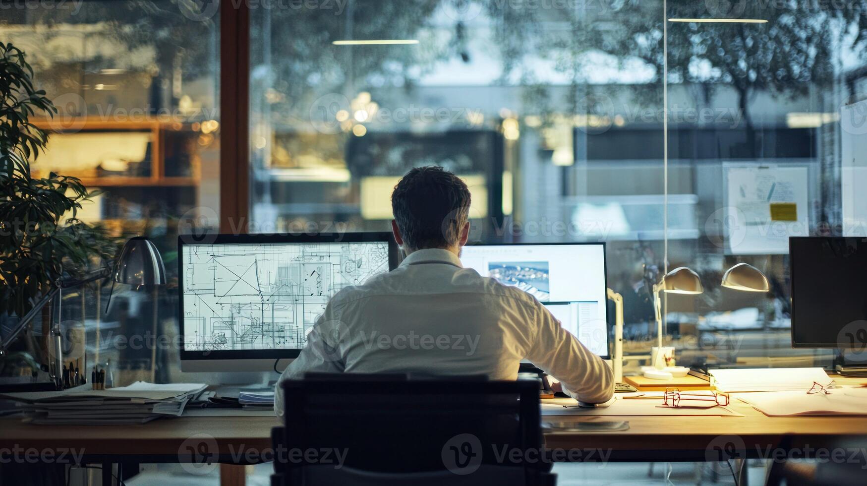 A man working at a desk in a dimly lit office with a large window, surrounded by plants and a view of the city outside. photo