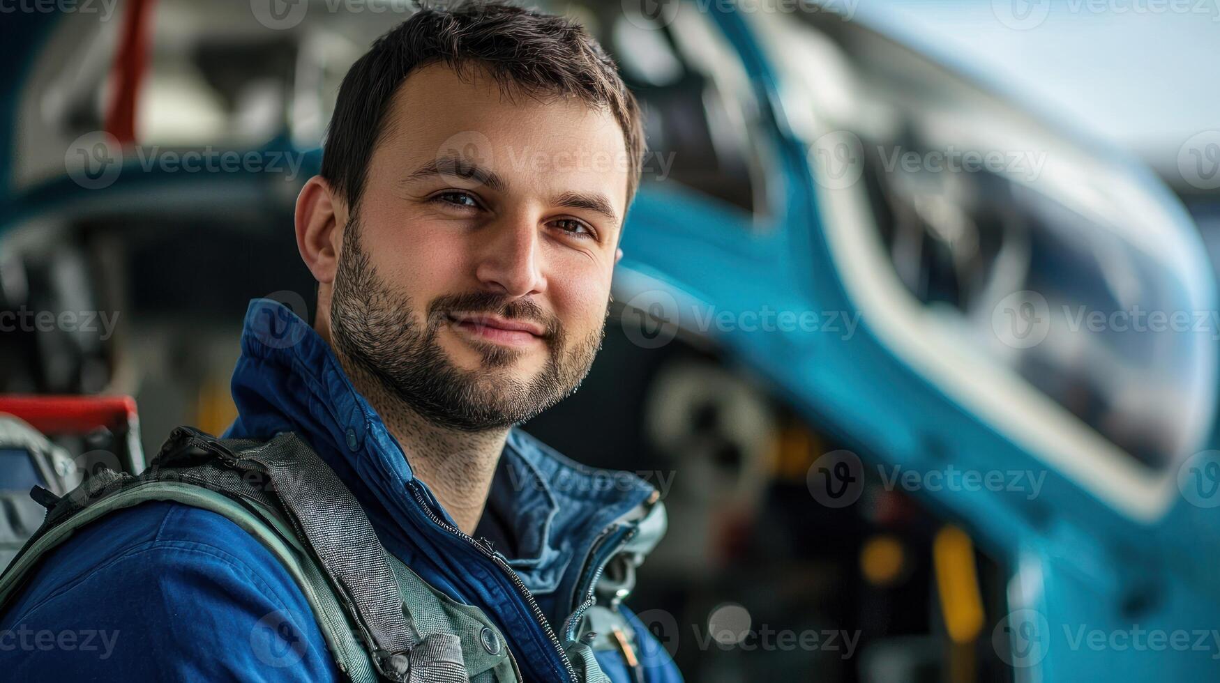 A young man in a blue jacket and helmet, standing in front of a blue airplane with a smile on his face. photo