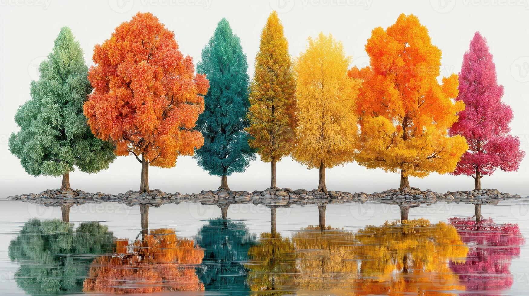 Colorful autumn trees reflecting in still water at serene landscape during daylight hours photo