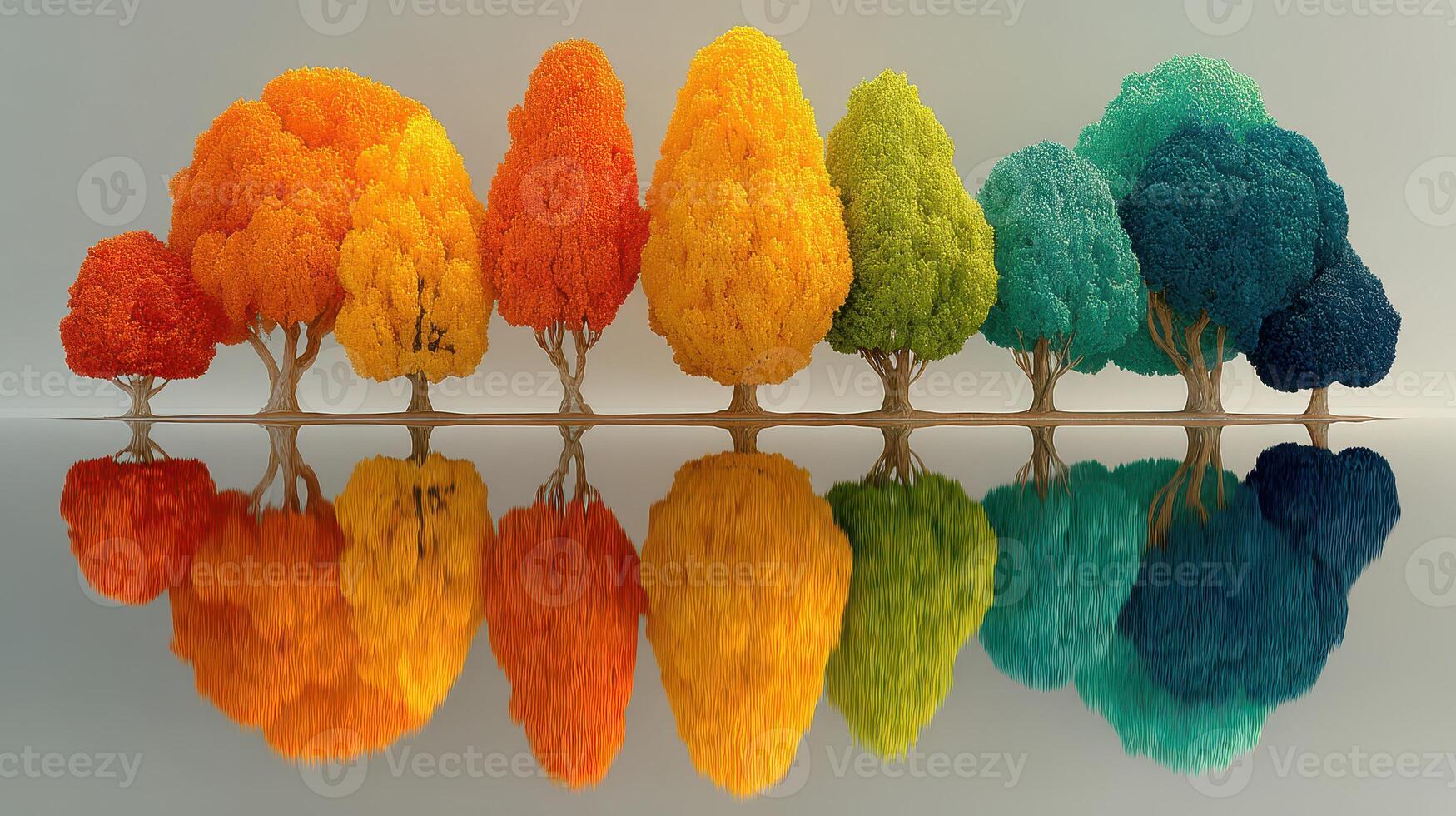 Colorful trees reflecting in water create a vibrant and serene landscape during a calm day photo