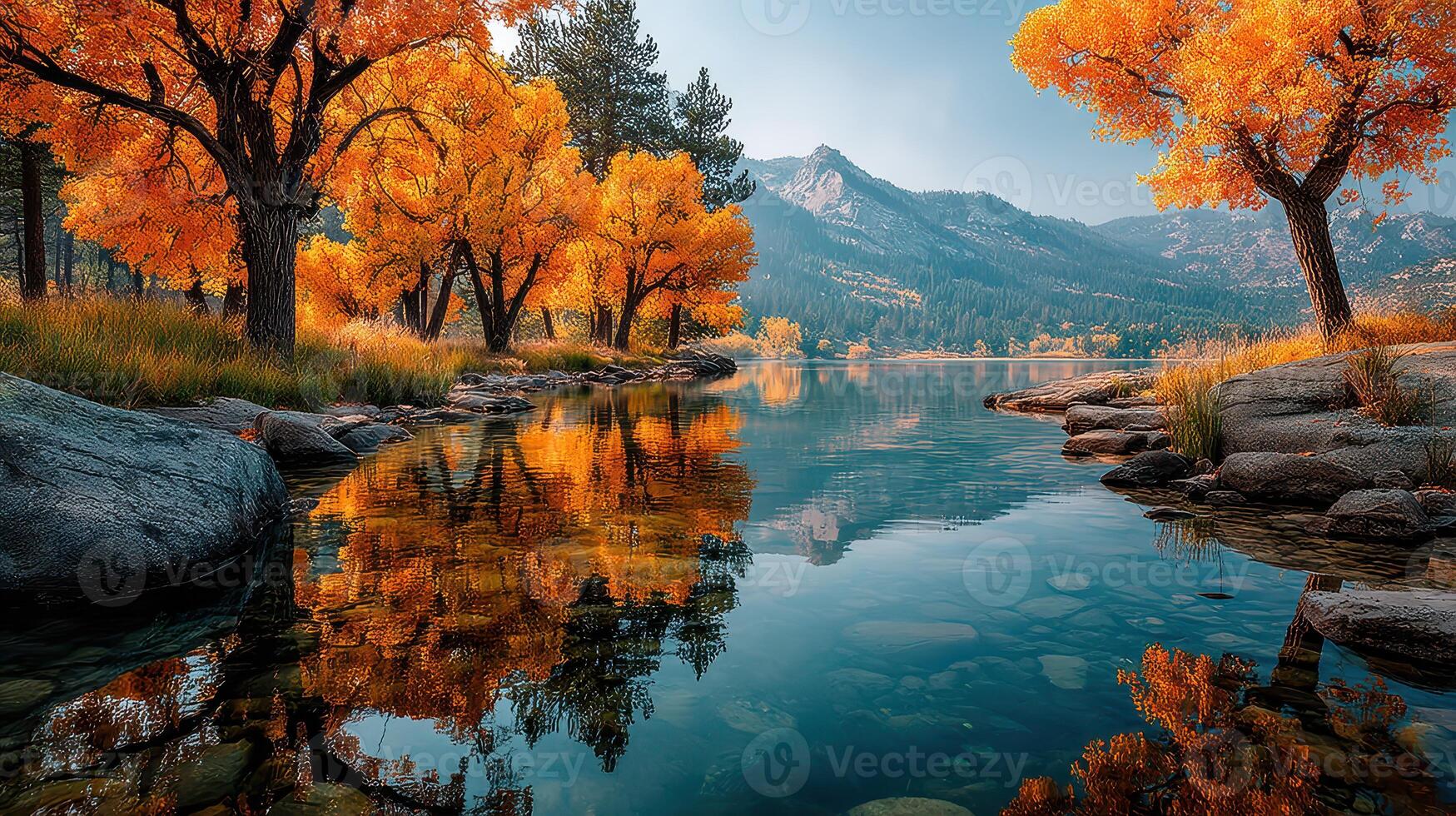 Stunning autumn landscape showcasing vibrant orange trees by a tranquil lake in the mountains photo