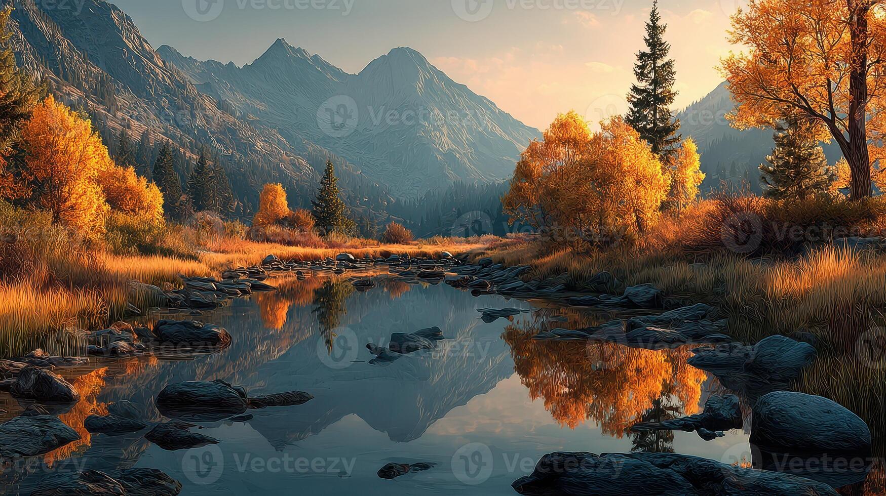Stunning autumn landscape with colorful trees and mountains reflecting in a serene lake at sunset photo