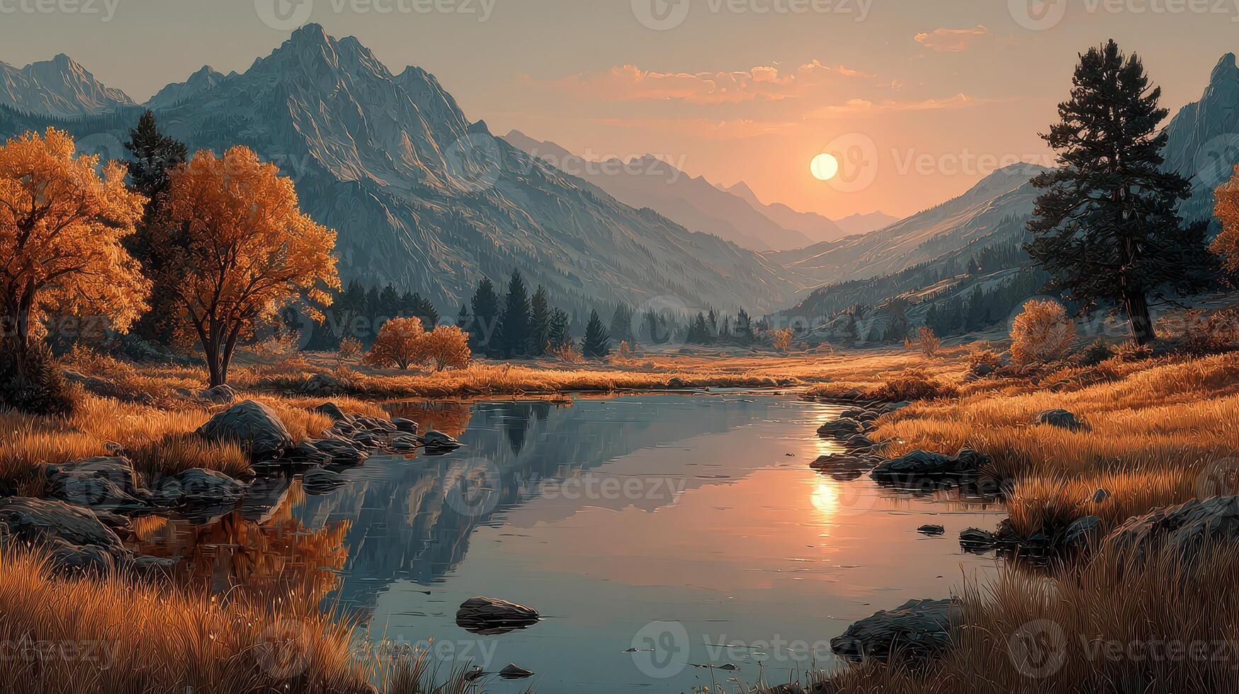 Sunset over tranquil river surrounded by autumn trees in majestic mountain landscape photo