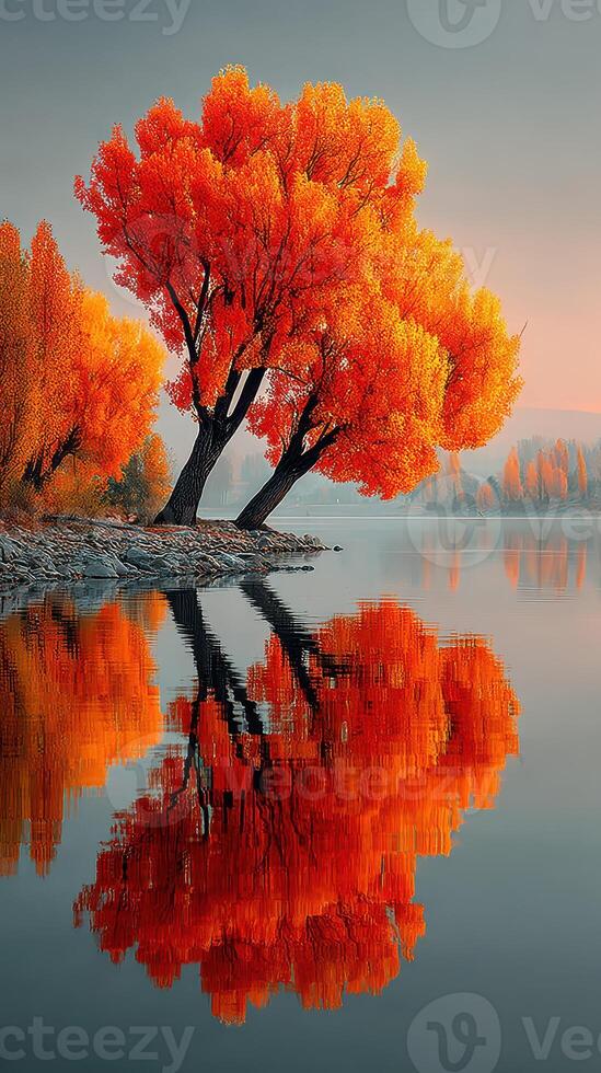 Vibrant autumn trees reflect in calm water at sunset near a tranquil lakeside photo