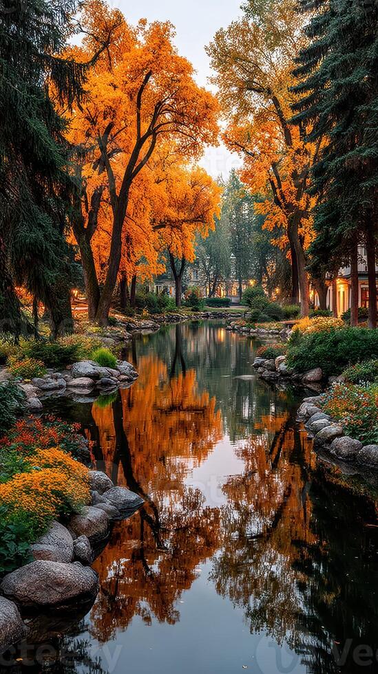 Vibrant autumn foliage reflecting in a serene pond surrounded by colorful gardens in the early morning light photo