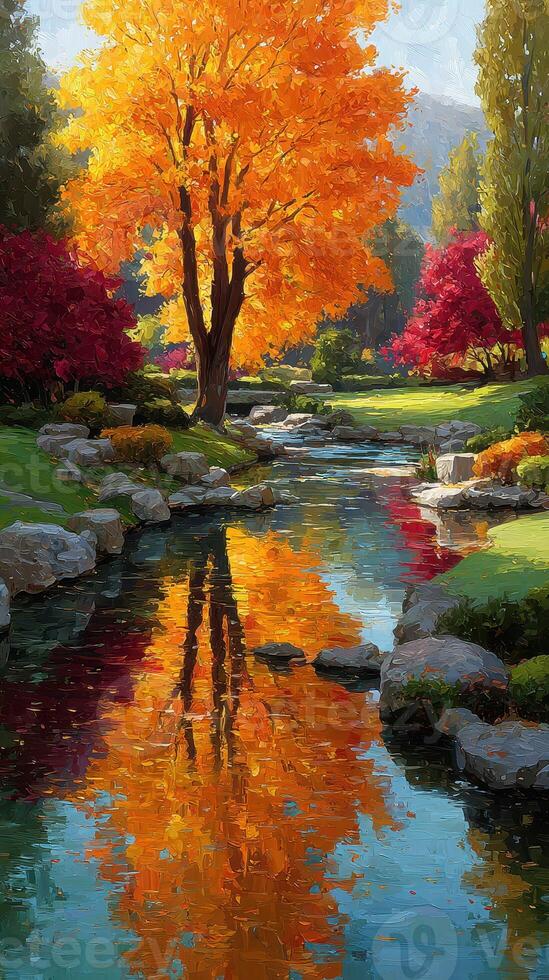 Vibrant autumn landscape with orange tree and calm river reflecting colorful foliage during sunny day photo