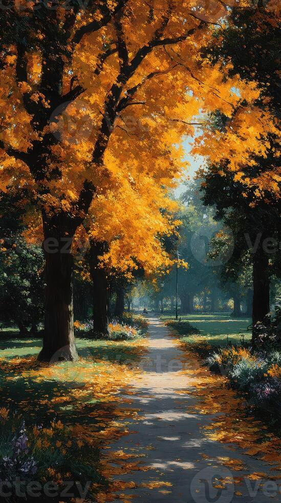 Vibrant autumn pathway with golden leaves in a serene park during midday sunlight photo