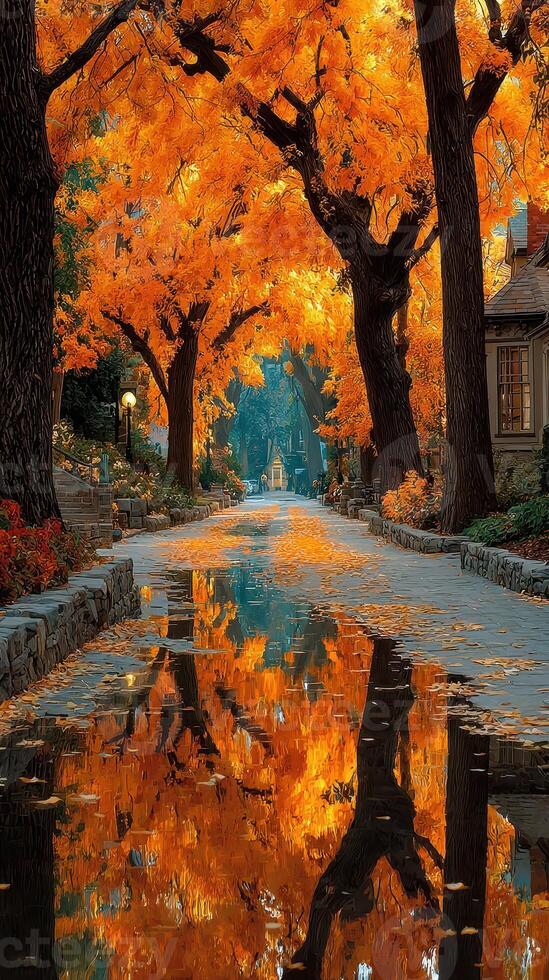 Colorful autumn landscape with vibrant orange leaves reflecting on tranquil waterway at a peaceful park during golden hour photo