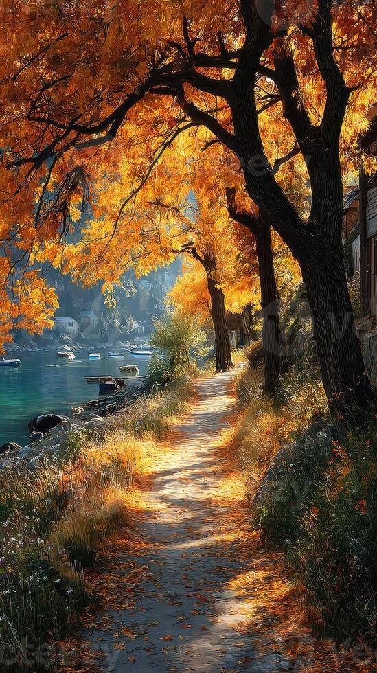 Autumn pathway lined with vibrant trees by the lake on a sunny afternoon photo