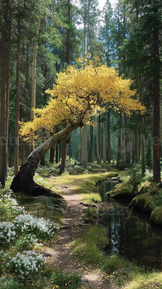 Fall colors highlight a curved tree by a serene stream in a tranquil forest setting photo