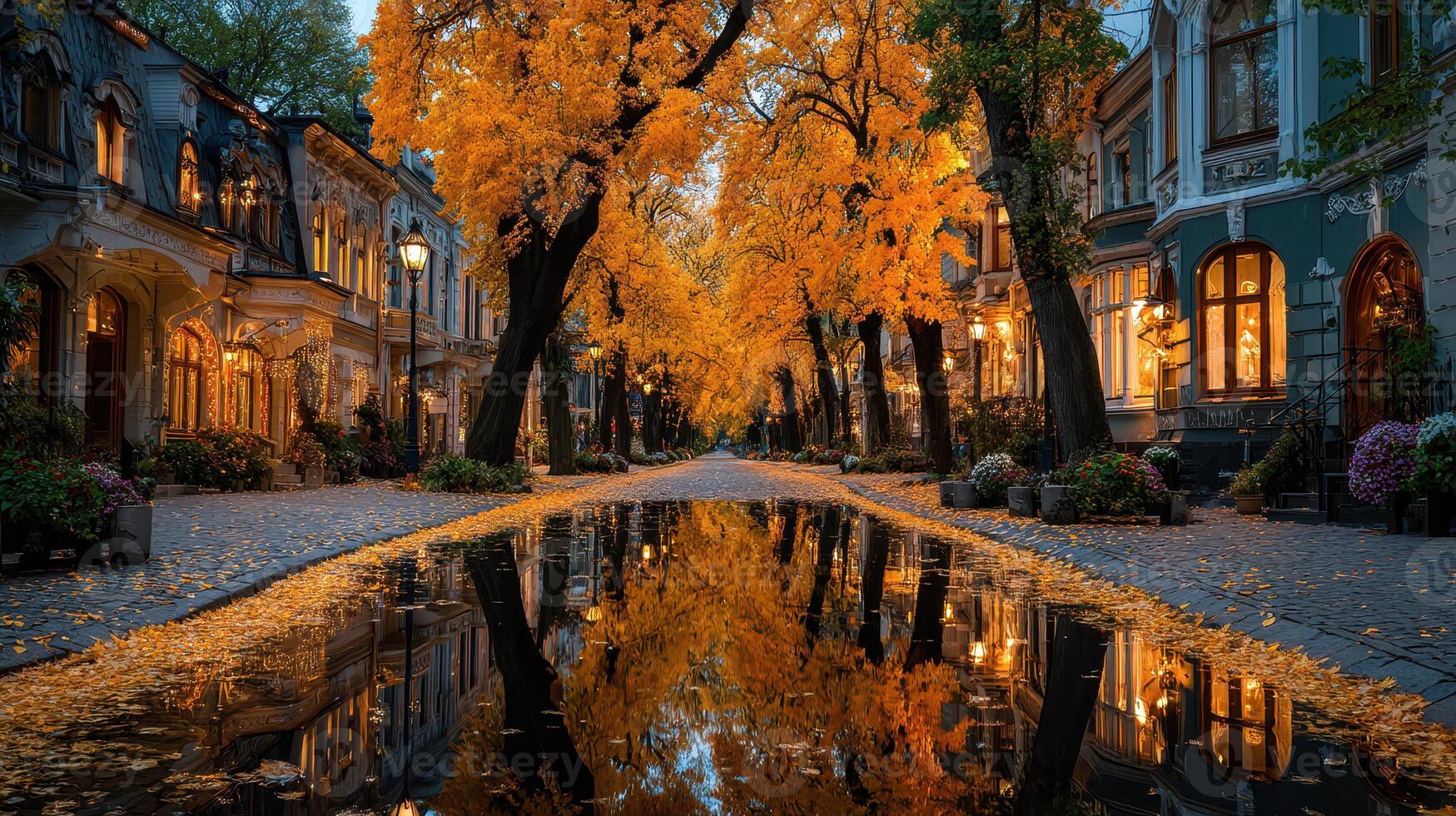 Autumn street lined with golden trees and reflections in calm water at dusk in a tranquil neighborhood photo