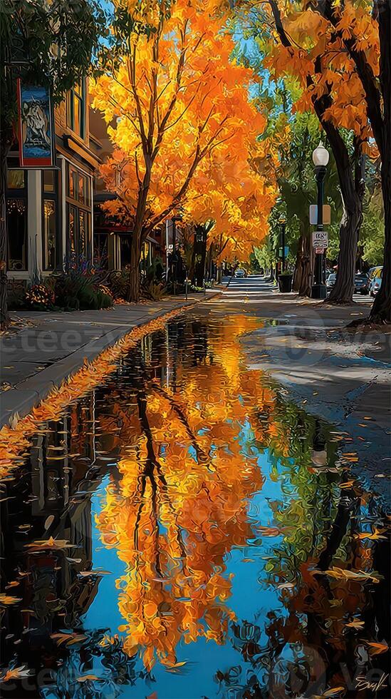 Autumn reflection in a quiet street with vibrant trees and a puddle capturing colorful leaves photo