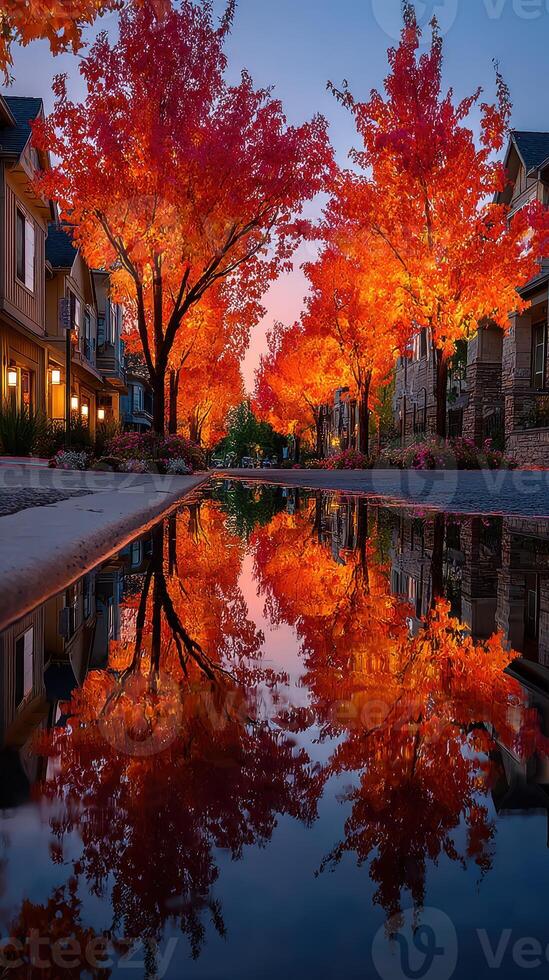 Vibrant autumn trees reflect in calm water at dusk in a peaceful neighborhood surrounded by warm colors photo