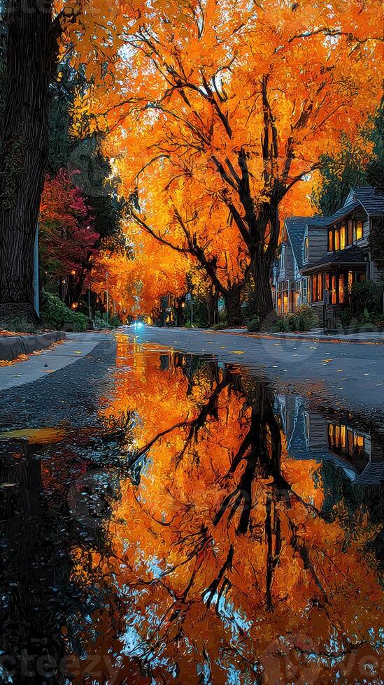 Vibrant autumn foliage reflects on a wet street in a peaceful neighborhood during sunset photo