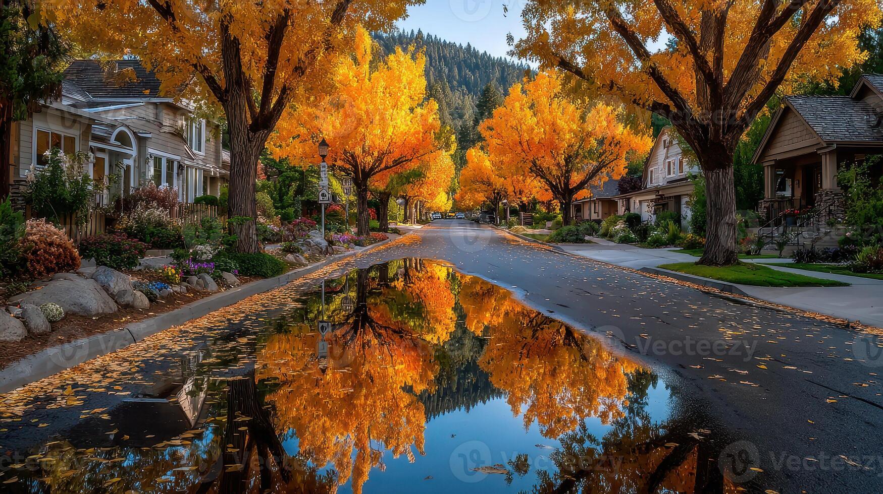 Autumn tranquility in a picturesque neighborhood with vibrant orange trees and reflective puddles photo