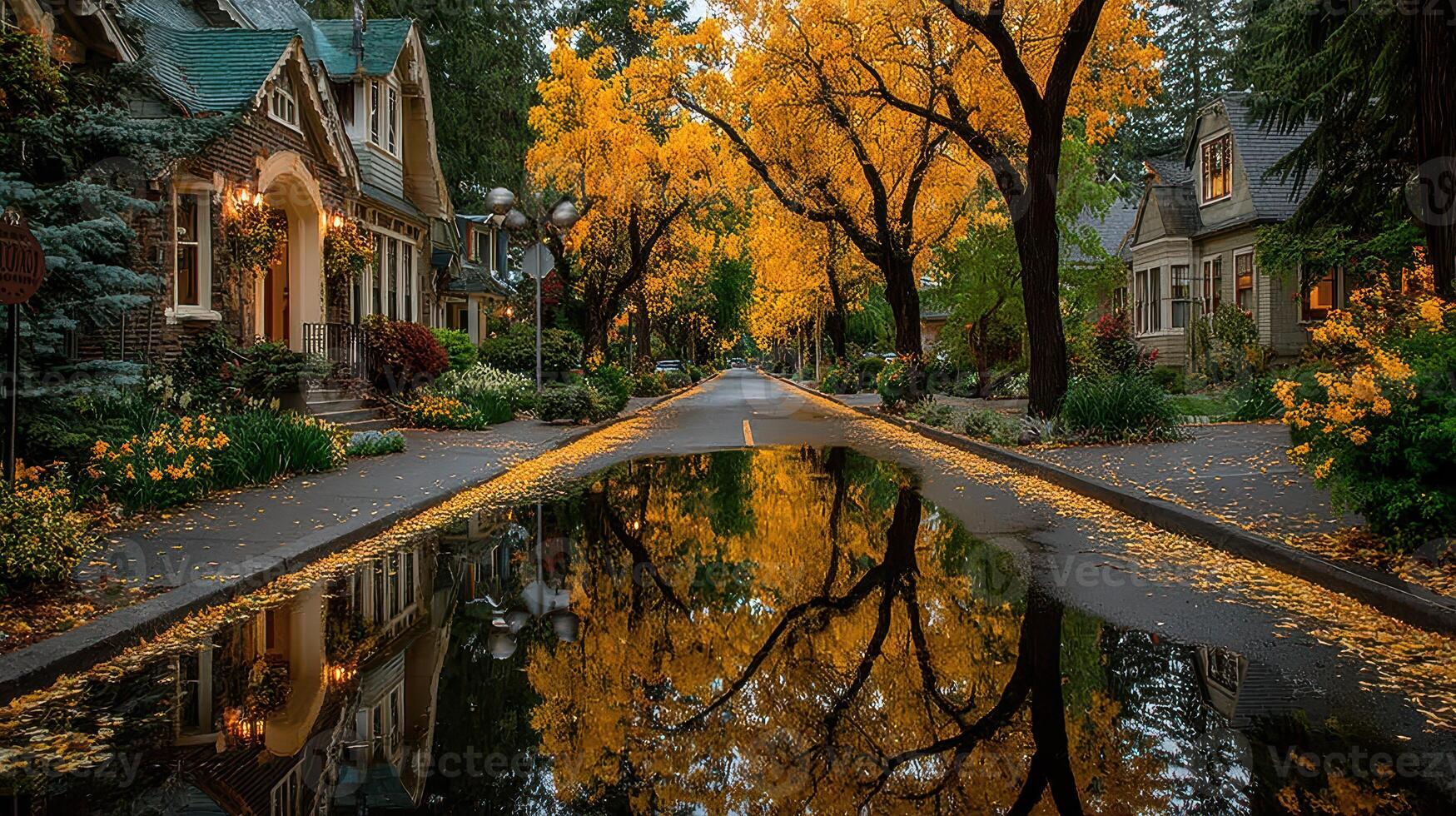 Autumn street view with golden leaves and reflections in a tranquil neighborhood photo