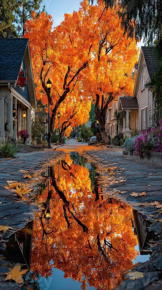 Vibrant autumn leaves reflect on a quiet street in a picturesque neighborhood at sunset photo