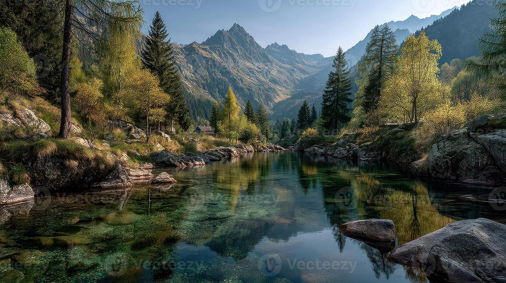 Majestic mountain landscape with clear water reflecting autumn foliage in a tranquil setting photo