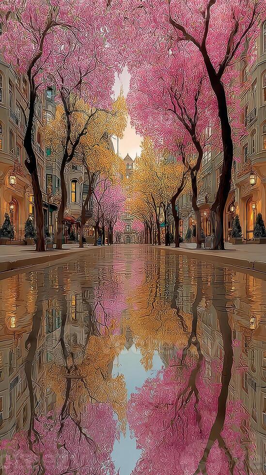 Blossoming trees reflect in tranquil water on a serene street during early spring in a city park photo