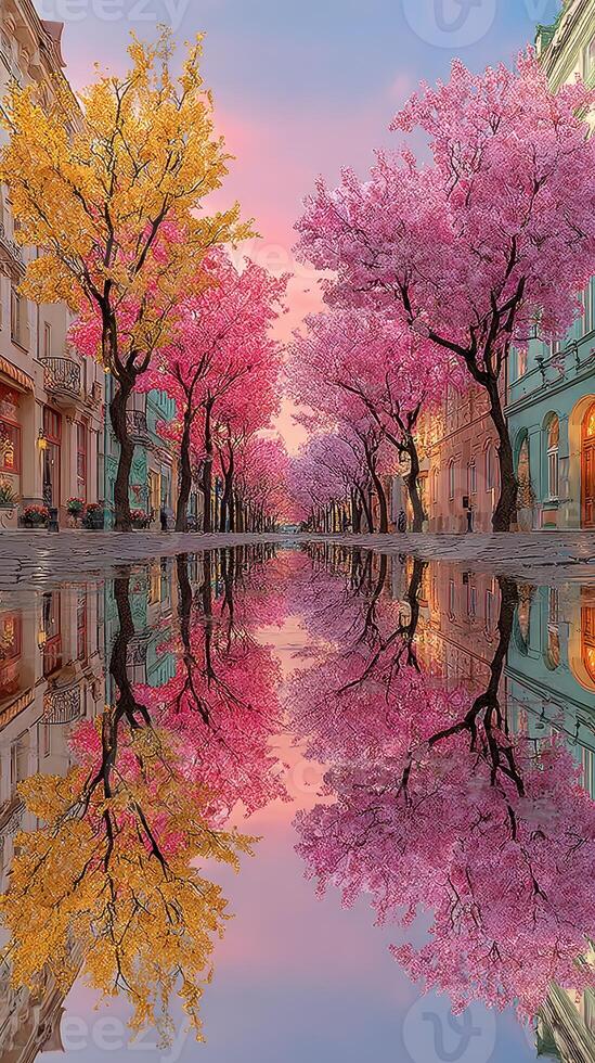 Cherry blossom trees reflect beautifully in a calm puddle during sunset in a vibrant street filled with colorful autumn foliage photo