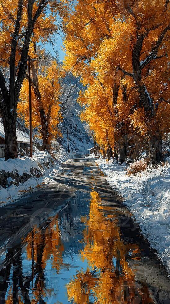 Vibrant autumn scene with golden trees and reflective water along a snow-covered road photo