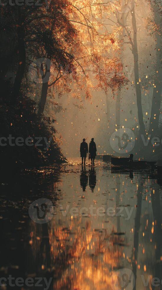 Couple walking by a serene river at sunset surrounded by autumn leaves in a peaceful forest setting photo