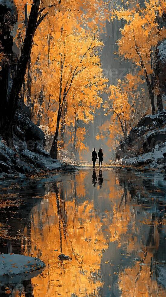 Autumn walk along a reflective river surrounded by vibrant orange and yellow trees at sunset photo