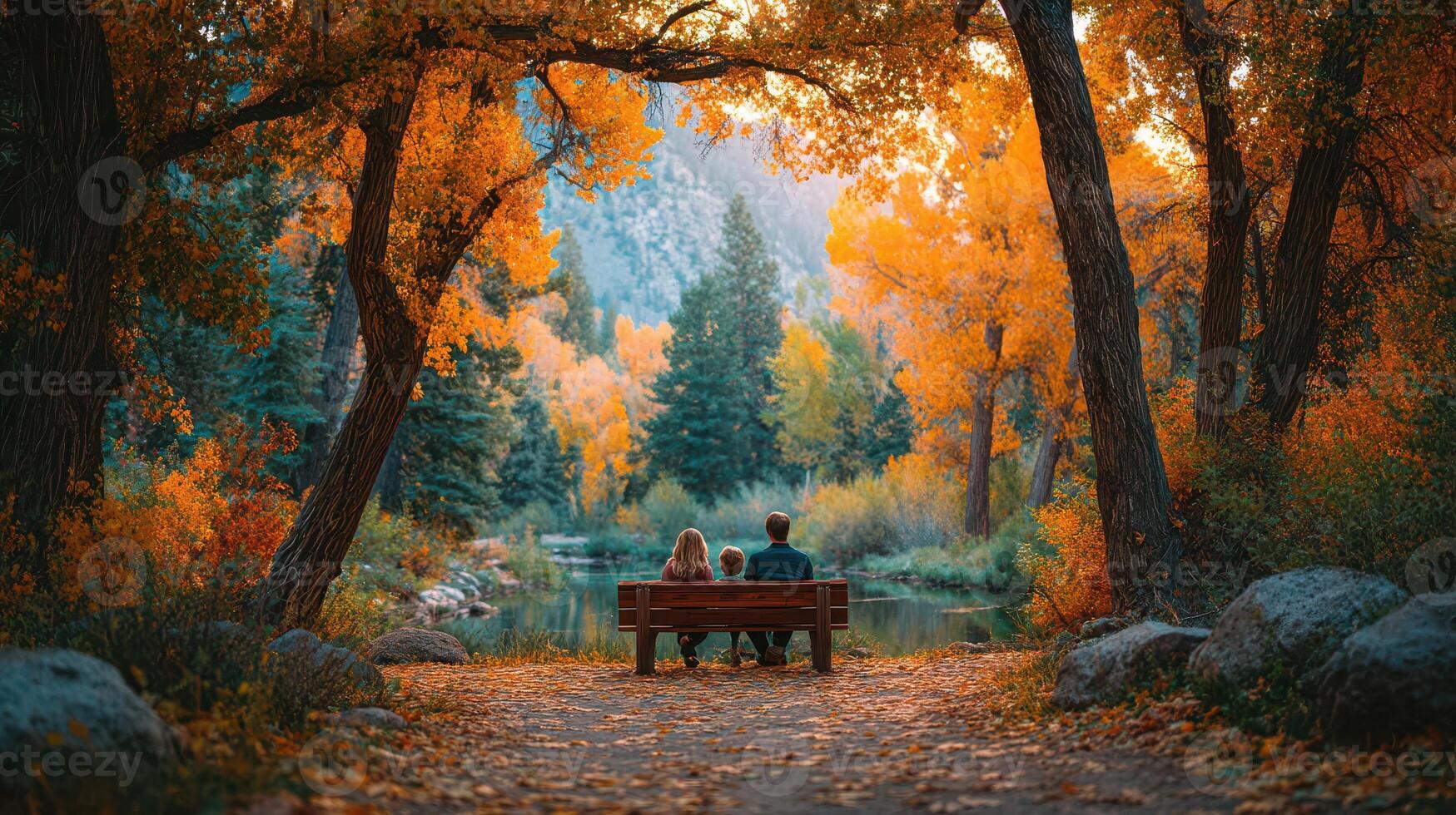 Couple enjoys a peaceful autumn moment by a serene lake surrounded by vibrant trees photo