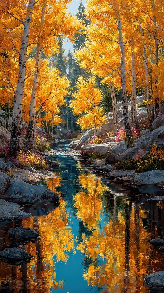 Autumn trees with vibrant leaves reflecting in a calm river under bright sunlight photo