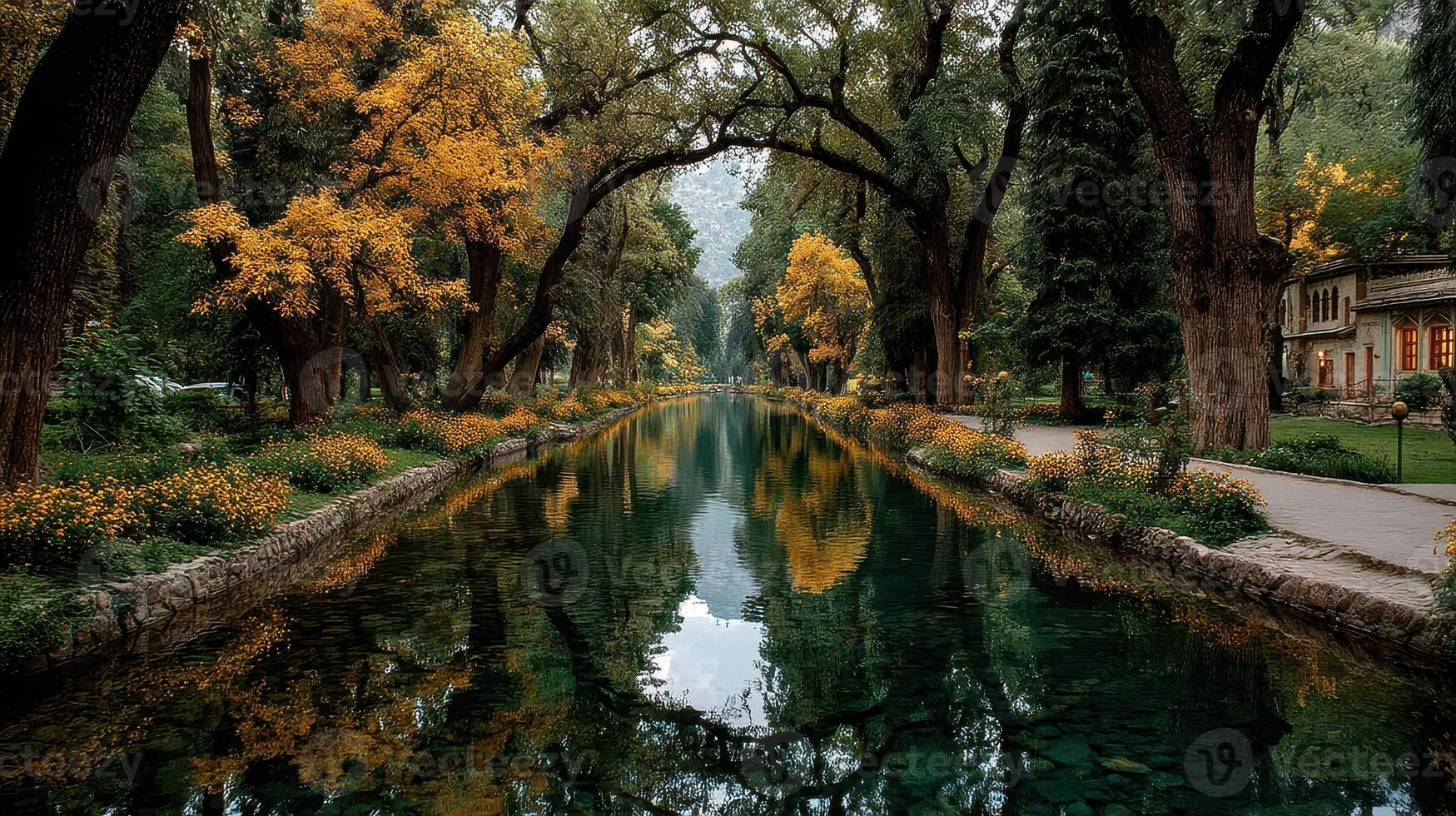 Quiet autumn afternoon beside a serene river lined with vibrant trees and reflections in tranquil water photo