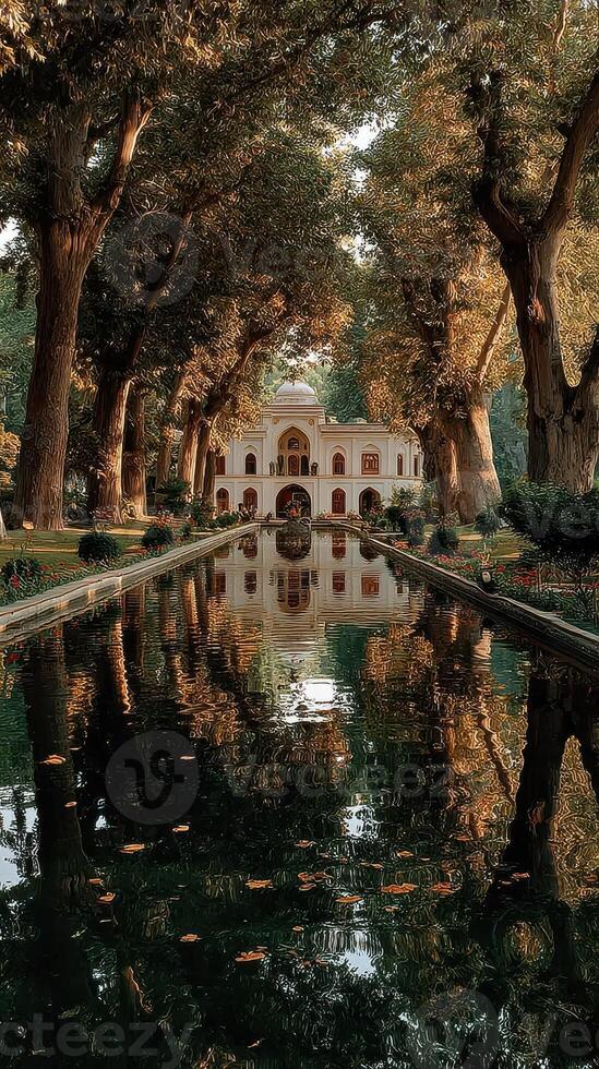 Beautiful garden reflections at a historic palace under trees in autumn photo