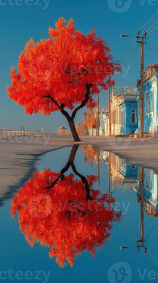Vibrant orange tree reflects in puddle next to colorful houses on a clear autumn day photo