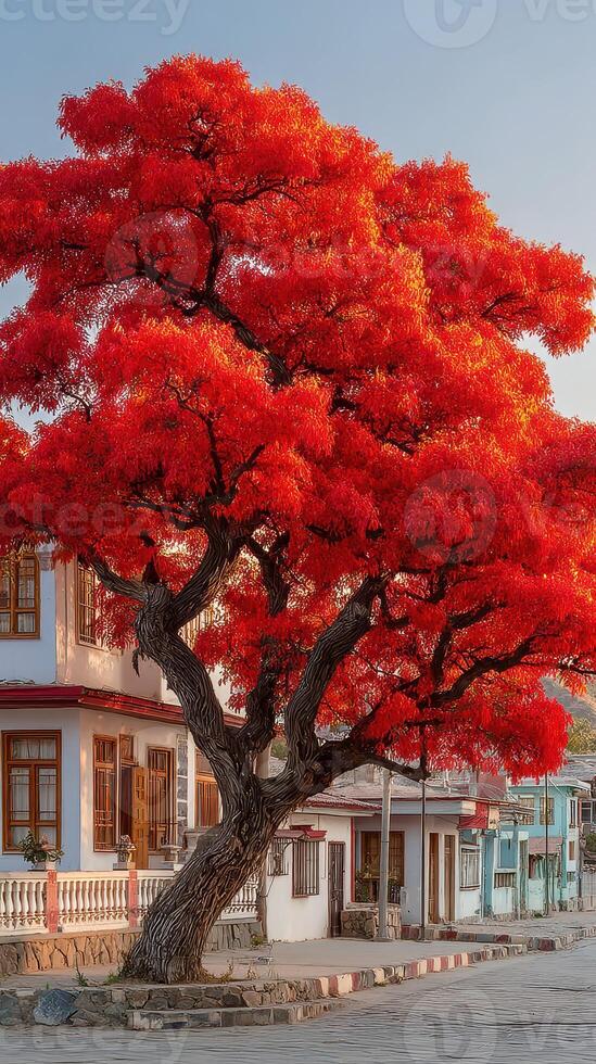 Vibrant red tree contrasts with traditional buildings in a quiet street during sunset photo