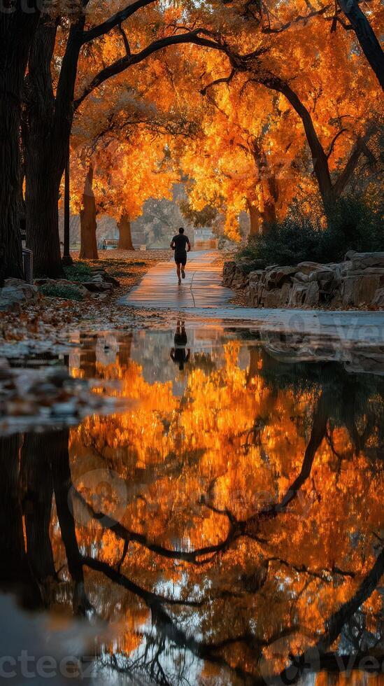 Runner navigating a park pathway framed by vibrant autumn trees at sunset reflecting on puddles photo
