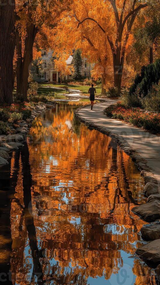 Beautiful autumn walk along a peaceful stream with vibrant orange trees reflecting on the water photo