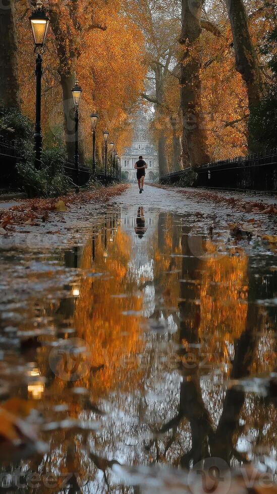 Walking through a serene autumn park with reflections in puddles after a rain shower at sunset photo