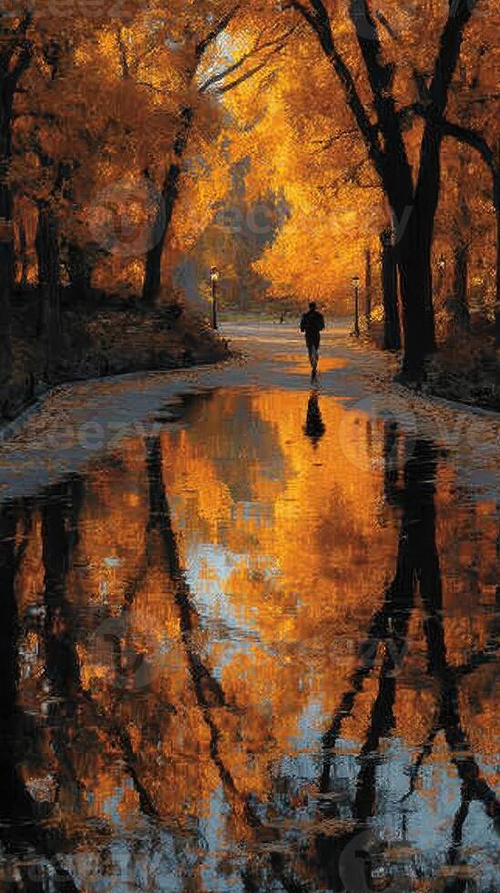 Autumn walk down a tree-lined path with vibrant reflections in water photo