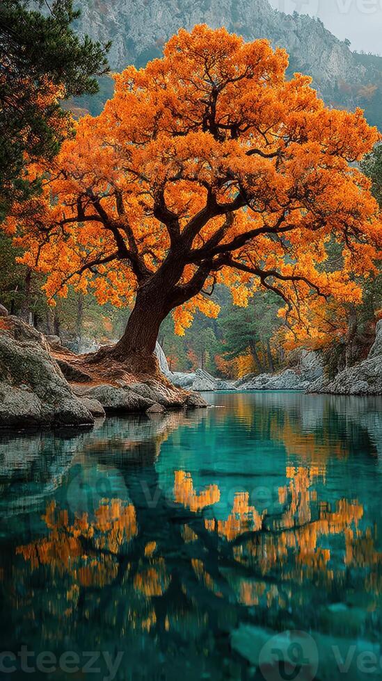 Colorful autumn tree reflecting in a serene river surrounded by rocky terrain and dense forest in a tranquil natural setting photo