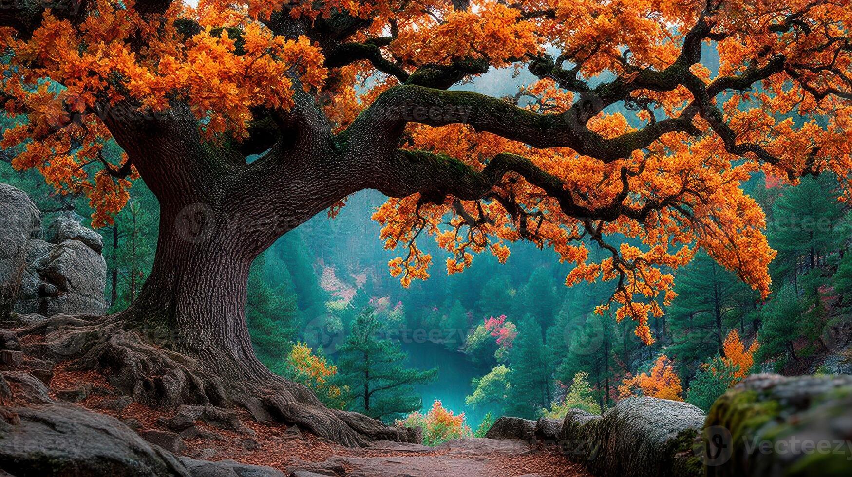 Vibrant autumn leaves adorn a majestic tree by a tranquil river in a lush forest setting photo