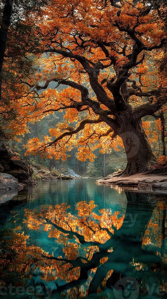 Majestic autumn tree with vibrant orange leaves reflecting in serene water at tranquil location in the forest during golden hour photo