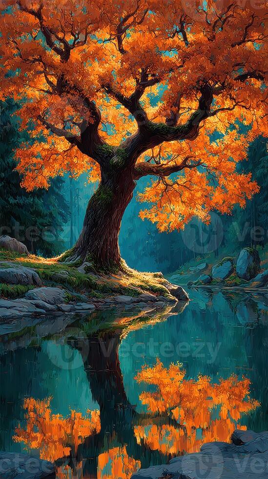 Vibrant autumn tree by a serene lake reflecting colorful foliage in tranquil woodland setting photo