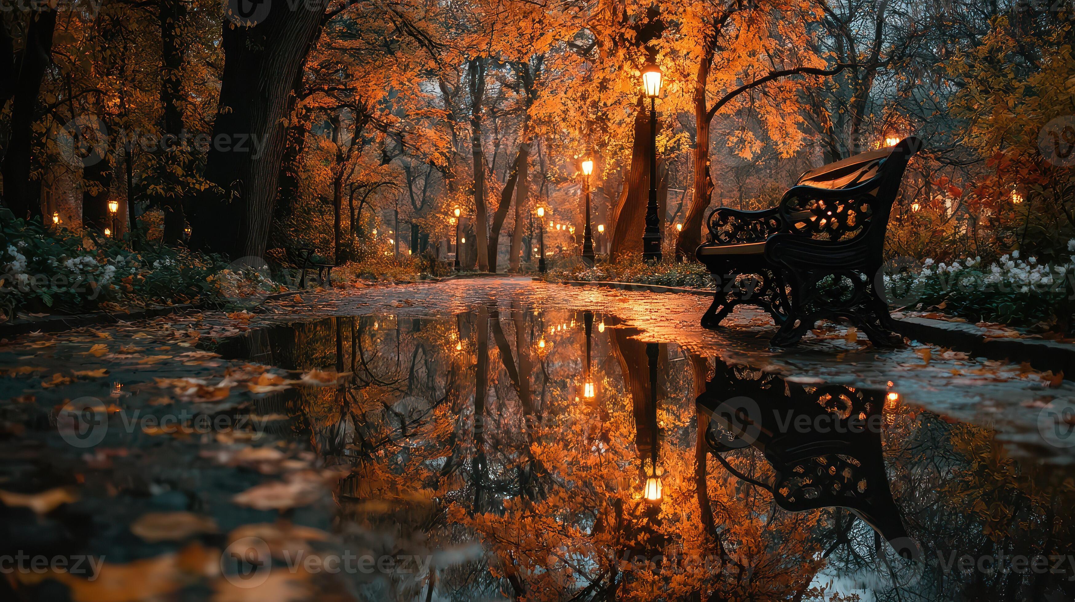 otoño noche en un tranquilo parque con reflexiones de arboles y luces de la calle en un mojado camino 65861738 Foto de stock en Vecteezy