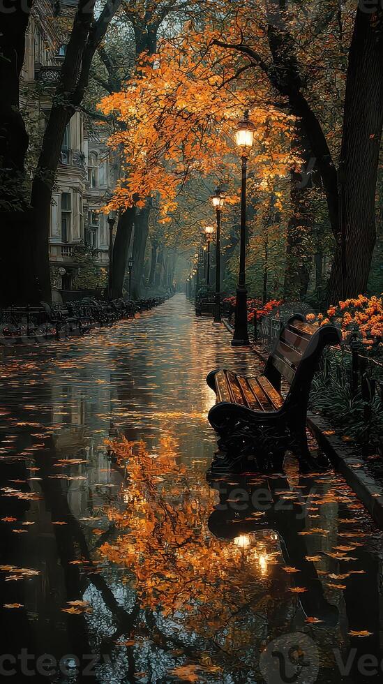 Autumn leaves blanket a tranquil park path lined with lampposts and reflections in puddles during an overcast day photo