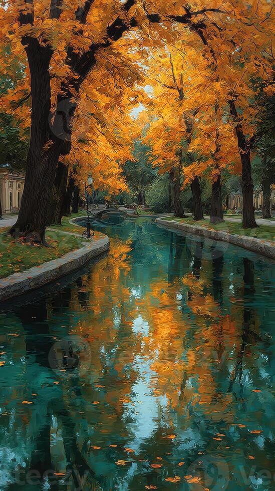 Autumn foliage reflecting in a serene waterway lined with trees in a peaceful urban park setting photo