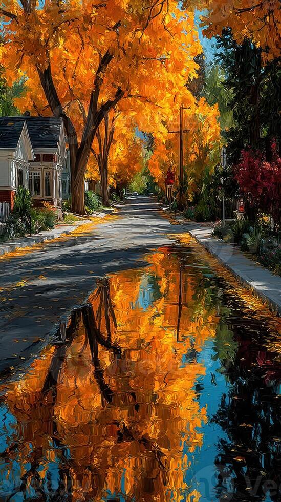 Vibrant autumn colors reflected in a serene puddle on a quiet street lined with trees photo