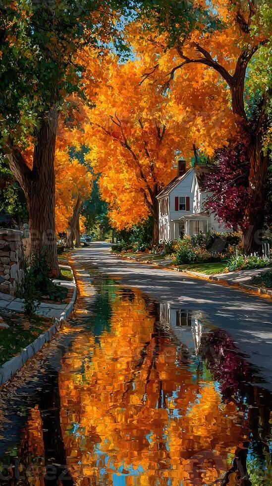 Autumn reflections along a serene neighborhood street with vibrant trees and colorful foliage photo