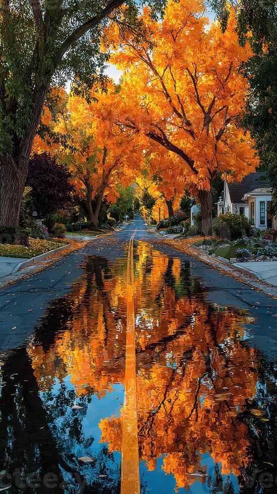 Colorful fall trees reflect in a puddle on a quiet street during golden hour photo