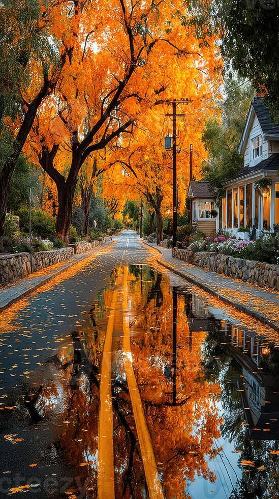 Beautiful autumn street with vibrant orange leaves and reflections in puddles during sunset in a quiet neighborhood photo