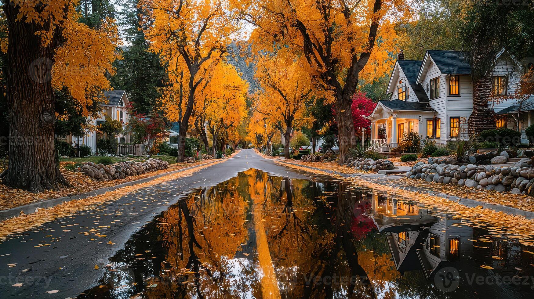 Autumn street lined with golden trees reflecting on water after rain in a peaceful neighborhood photo