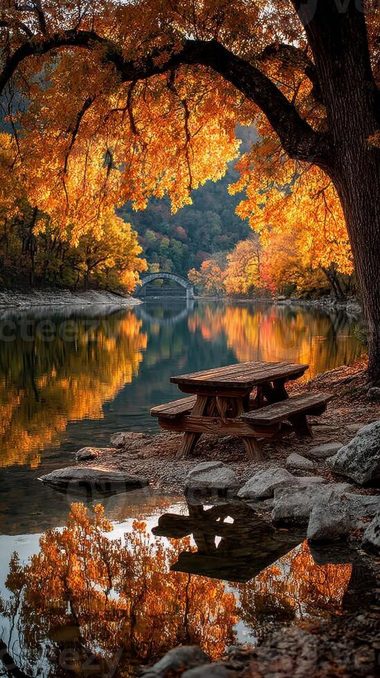 Autumn colors reflect in a calm lake with a picnic table by the shore in a tranquil nature setting photo